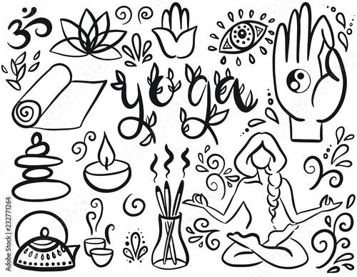 Beautiful hand drawn illustration with yoga simbols. Doodle style drawing. VECTOR