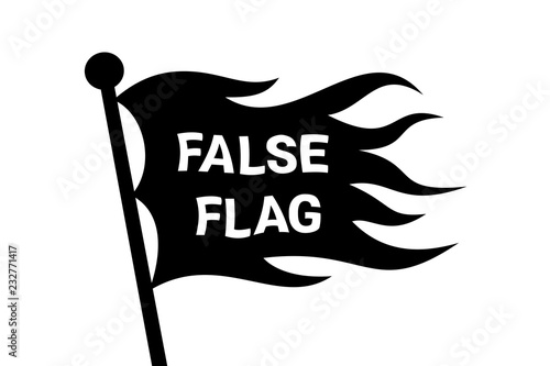 Wavy False flag on the pole - covert identity as method of deception and cheating. Manipulative camouflage. Vector illustration