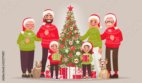 Big joyful family near the Christmas tree. Merry Christmas and Happy New Year