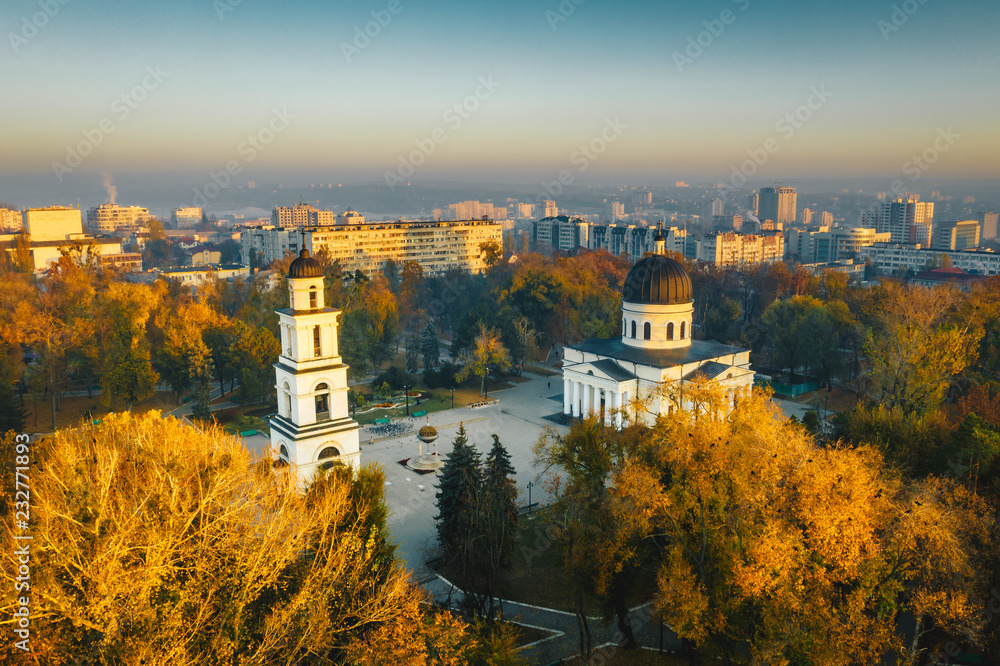 Fototapeta premium Sunset in Chisinau, Republic of Moldova. Aerial photography