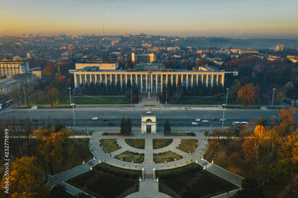 Chisinau Triumphal Arch and Government building in central Chisinau