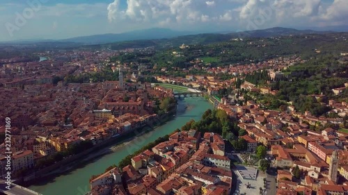 Verony Italy Skyline aerial footage in 4K. View of riva and Bridge in Verona City. Left side Old town in Verona. photo