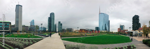 Biblioteca degli alberi, nuovo parco di Milano grattacielo Unicredit tower. Vialetti del parco con vista panoramica sui grattacieli, Bosco Verticale, torre Solaria  photo