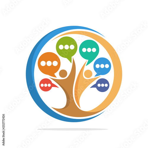 Illustration tree icon with human togetherness concept that reaches colorful speech bubbles