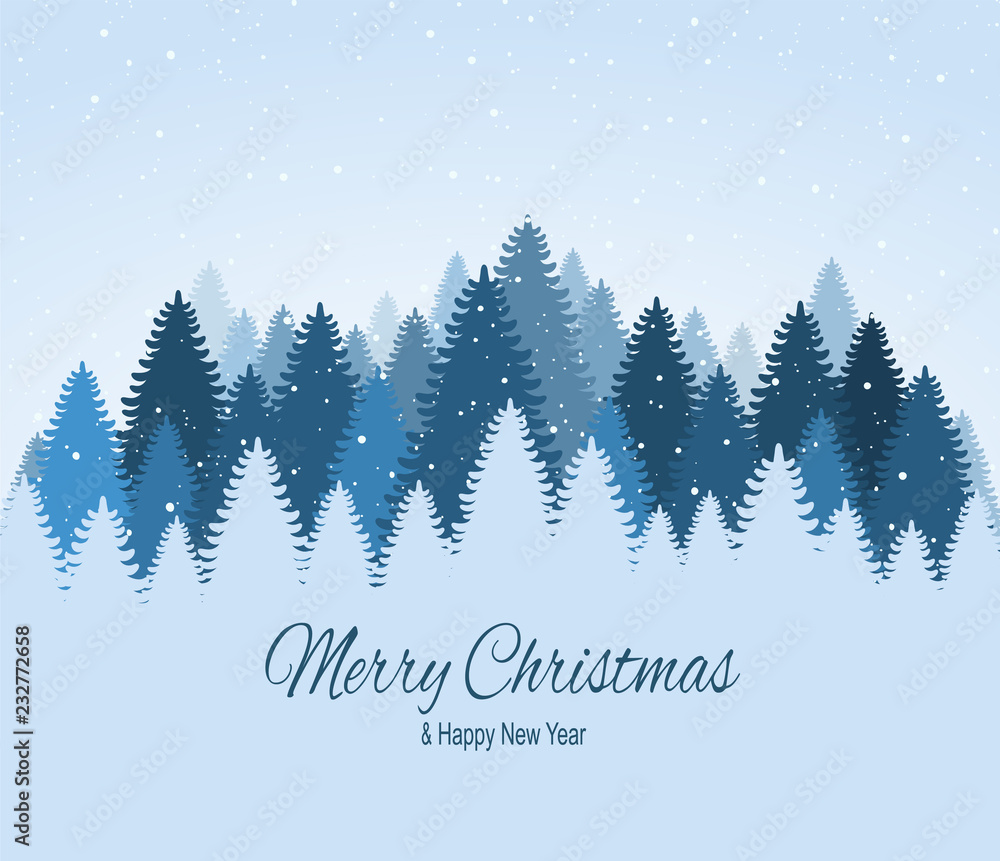 Landscape with blue snowy pines, firs, coniferous forest, falling snow. Holiday winter forest Merry Christmas and Happy New Year.