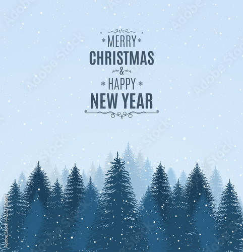 Landscape with blue snowy pines, firs, coniferous forest, falling snow. Holiday winter forest Merry Christmas and Happy New Year.