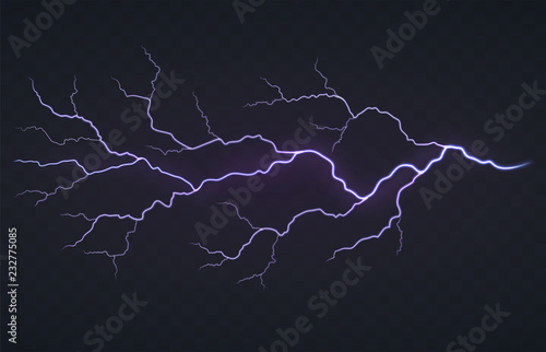 Flash of lightning, thunderstorm on a black transparent background. Bright glowing electric discharge.