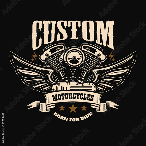 Emblem template with winged motorcycle motor. Design element for poster, logo, label, sign, t shirt.