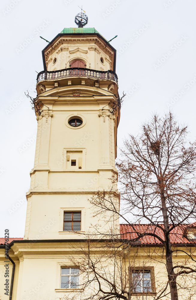 Astronomical Tower in Clementinum (Klementinum). Klementinum was established as an observatory, library and university by Empress Maria Theresa of Austria. Prague, Czech Republic. Astronomical Tower in Clementinum (Klementinum). Klementinum was established as an observatory, library and university by Empress Maria Theresa of Austria. Prague, Czech Republic.