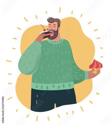 Plus size guy holding in hands cakes and eating