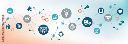 smart company / business challenges / business development design: various connected business symbols – vector illustration