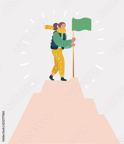 Woman celebrating success on peak of mountain.
