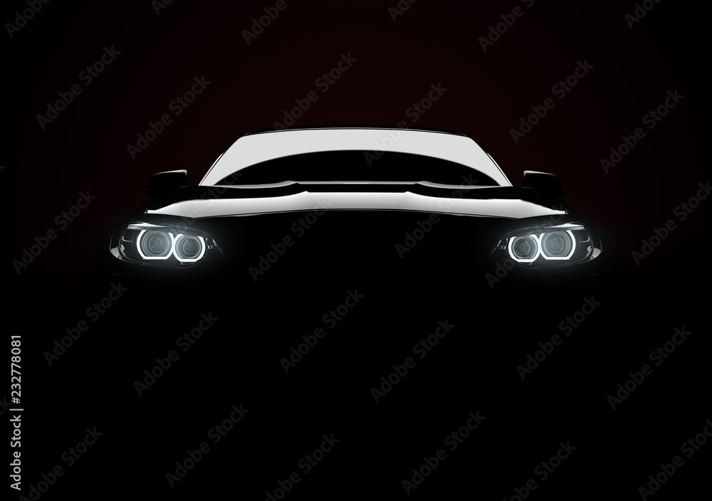 Front view of a generic and brandless modern car with lights on a black background - obrazy, fototapety, plakaty 