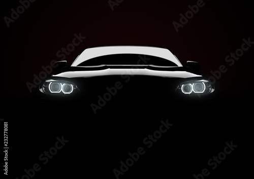 Front view of a generic and brandless modern car with lights on a black background