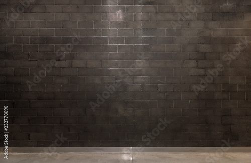 Spot lit empty room with grey brick wall and copy space