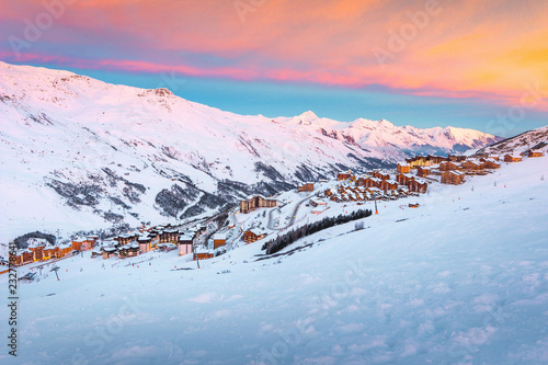 Fantastic sunrise and ski resort in the French Alps, Europe