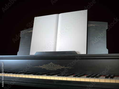 Black piano with opened music book 3d illustration