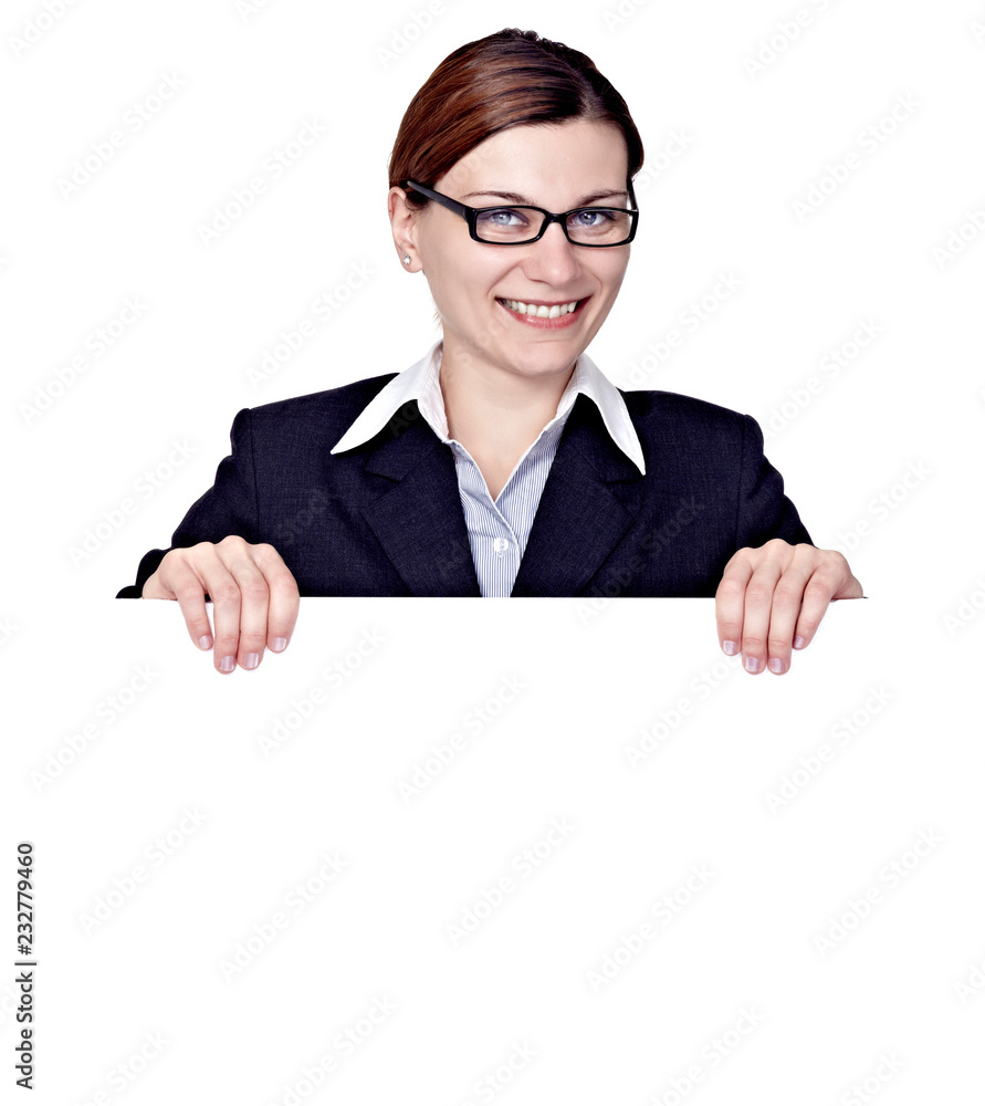girl businesswoman holding blank sign message poster girl businesswoman holding blank sign message poster