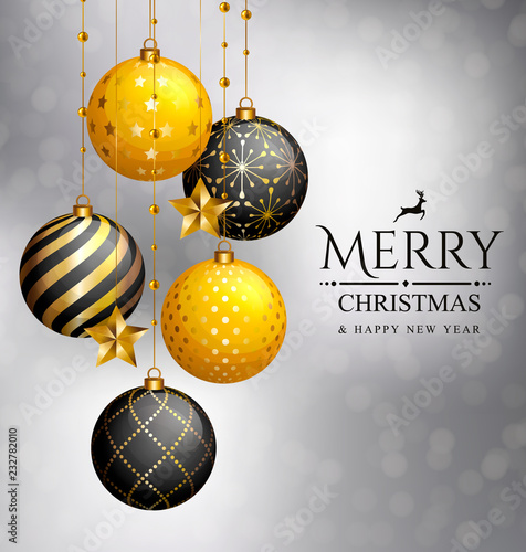 Christmas card. Xmas golden balls and stars hanging on ribbons with pearls. Background with bokeh lights. Vector illustration.