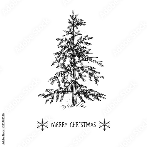 Card design with a hand drawn Christmas tree with snowflakes and Merry Christmas text.