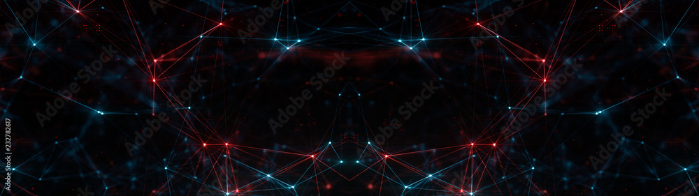 Abstract ultra wide plexus structure of many glowing lines and particles. Orange blurred background with digital composition and optical flares. 3d rendering Abstract ultra wide plexus structure of many glowing lines and particles. Orange blurred background with digital composition and optical flares. 3d rendering