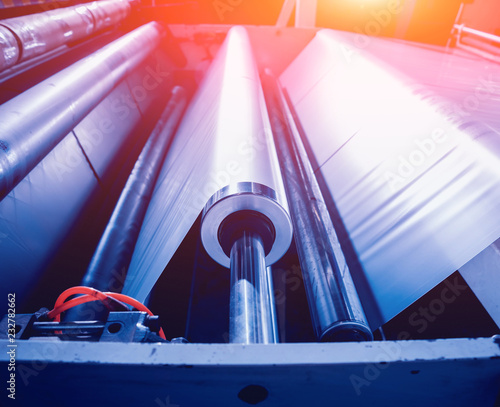 Modern automated production line in factory. Plastic bag manufacturing process