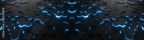 Abstract hexagonal geometric ultra wide background. Structure of lots of hexagons of carbon fiber with bright energy light breaking through the cracks. 3d rendering	