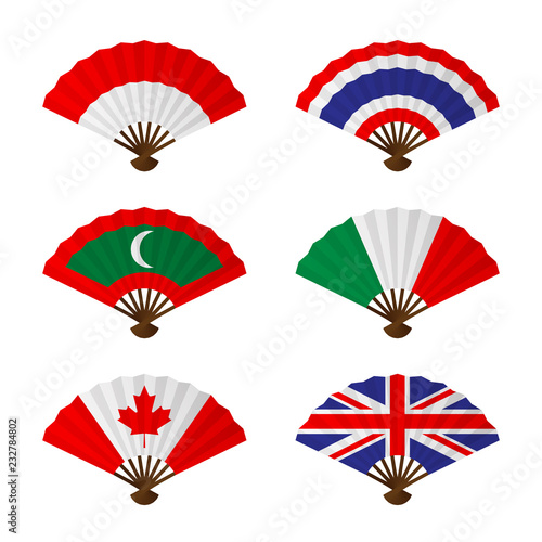 Folding fan or hand fan National flag concept design set Indonesia, Thailand, Maldives, Italy, Canada and United Kingdom isolated on white background