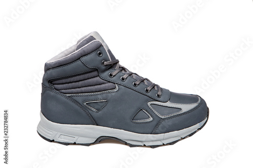one blue sport nubuck leather boots, active walking shoes, on a white background, isolate