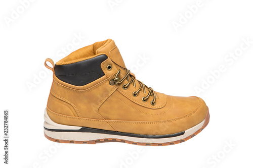one male yellow nubuck leather boot, sport shoes, on a white background, isolate