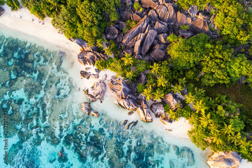 Aerial view of Anse Source d'Argent beach, La Digue island, Seychelles, Africa photo