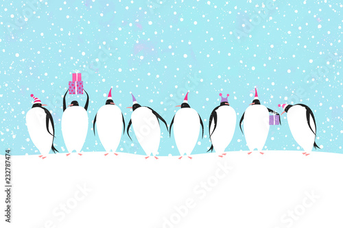 Penguins celebrate Christmas. Winter holidays vector illustration.