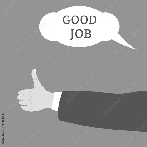 Finger up, thumb up vector illustration with "Good job" text on grey background.