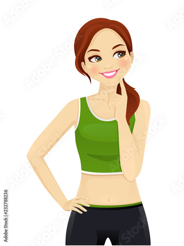 Sport fitness thinking woman looking away isolated on white background vector illustration