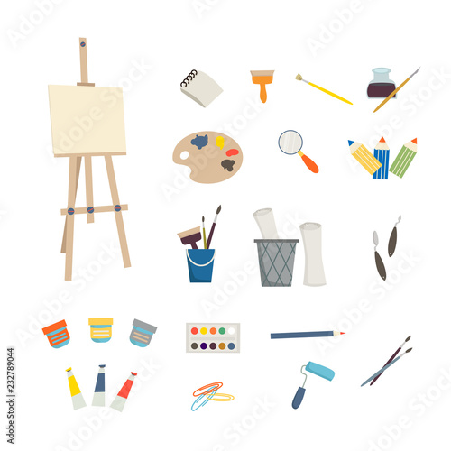 Art tools and easel on white background. Children art and design school concept. Cartoon illustration in flat style