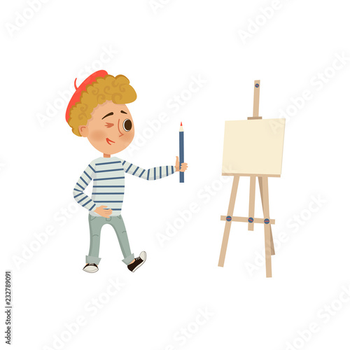 Boy holding a pencil. Artist easel. Isolated on white background. Vector cartoon illustration in flat style