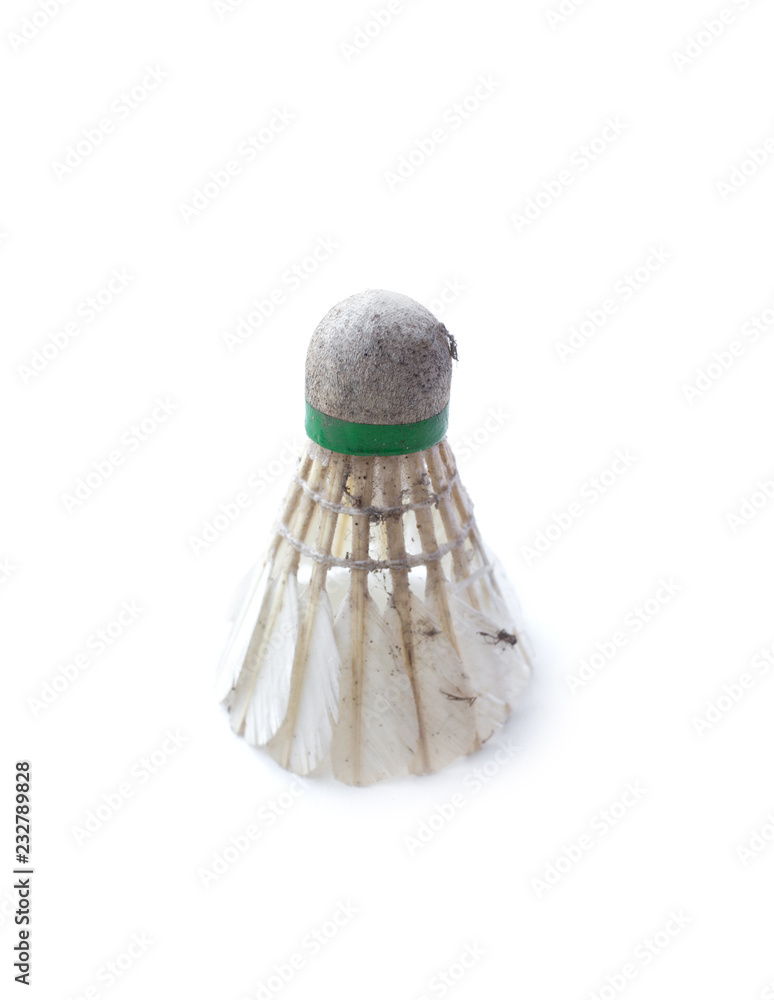 Dirty shuttlecock for badminton isolated on white background