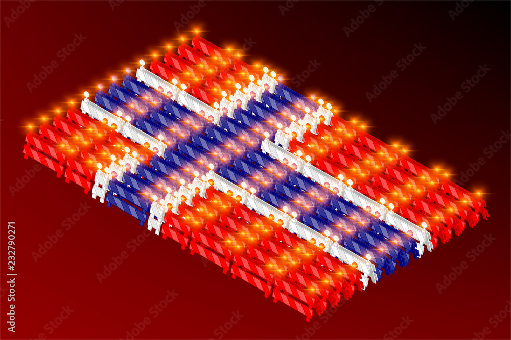 Isometric traffic barriers with light in row, Norway national flag shape concept design illustration isolated on red gradients background, Editable stroke