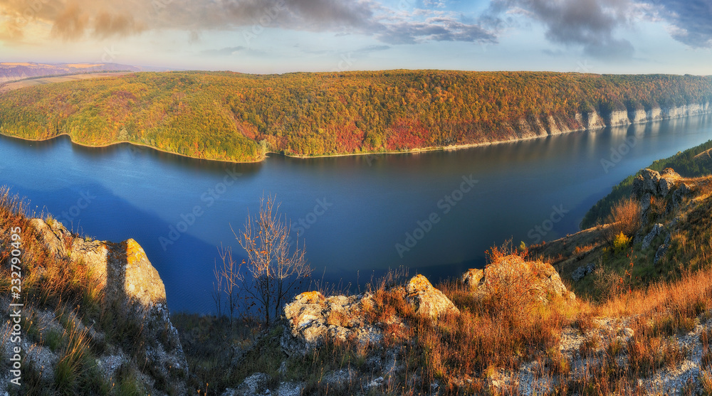 picturesque canyon of the Dniester River. autumn morning