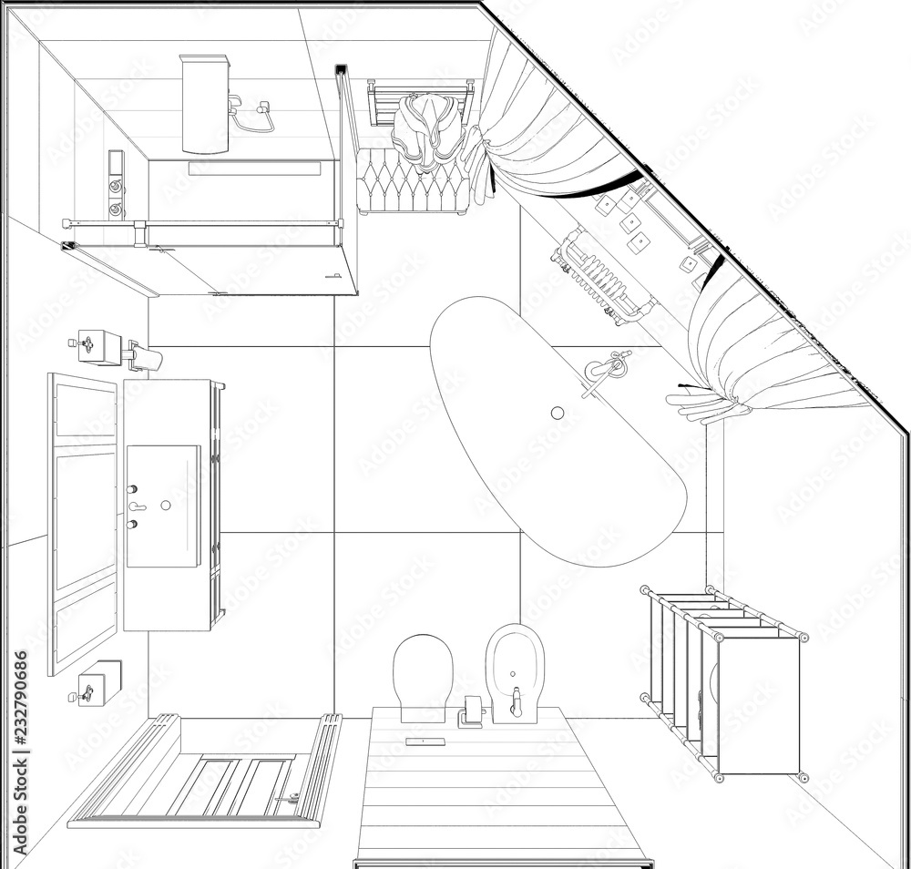 interior contour visualization, 3D illustration, sketch, outline interior contour visualization, 3D illustration, sketch, outline