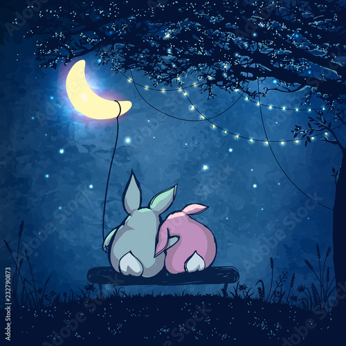 Couple of cute rabbits hugging under magical tree with festive lights at night sky with crescent and stars. Valentines day Romantic illustration.
