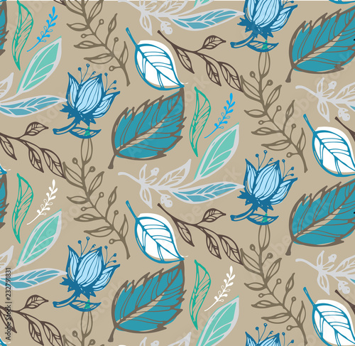 Hand drawn doodle floral pattern with leaves