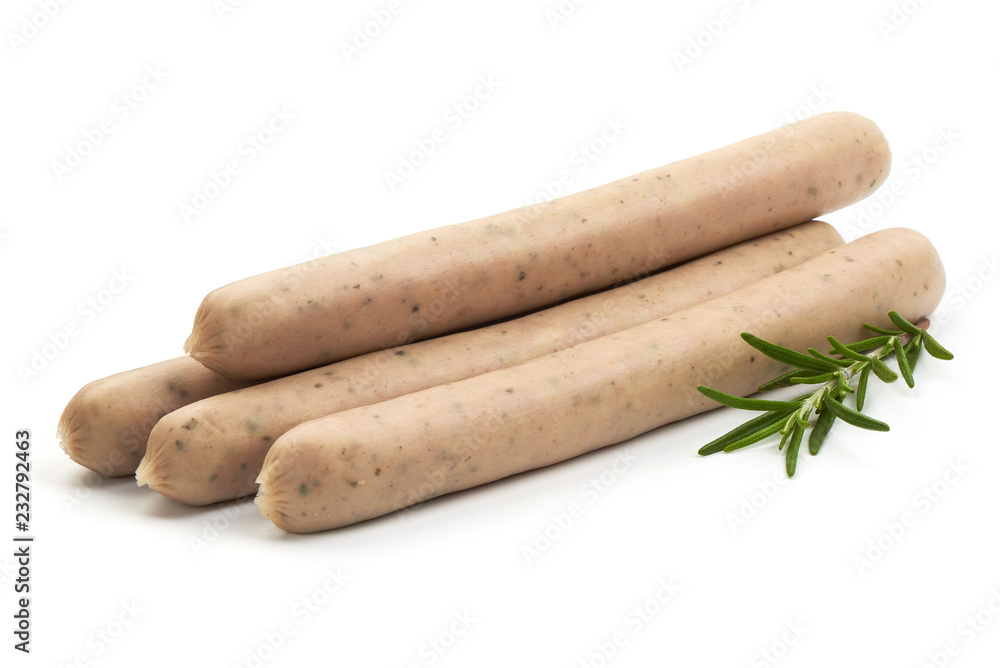 Pork Chipolata Sausages with herbs, isolated on a white background. Close-up. Pork Chipolata Sausages with herbs, isolated on a white background. Close-up.