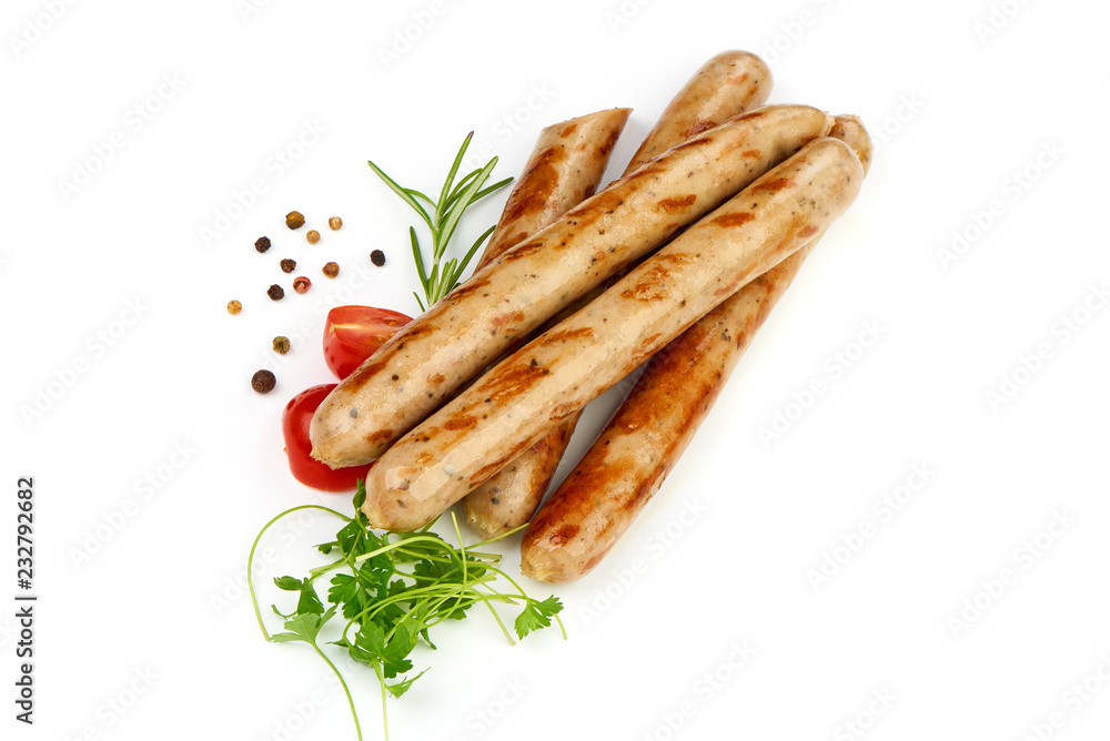 Fried Sausages For Beer with herbs, pepper and tomatoes, isolated on a white background. Close-up. Fried Sausages For Beer with herbs, pepper and tomatoes, isolated on a white background. Close-up.
