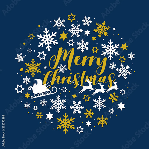 Christmas Typographical on dark navy Xmas background with santa claus and reindeer sleigh and snowflakes. Merry Christmas card. Vector Illustration