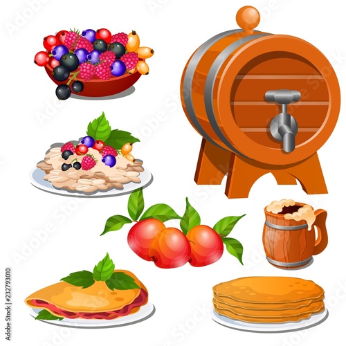 Set of food products isolated on white background. Vector cartoon close-up illustration.