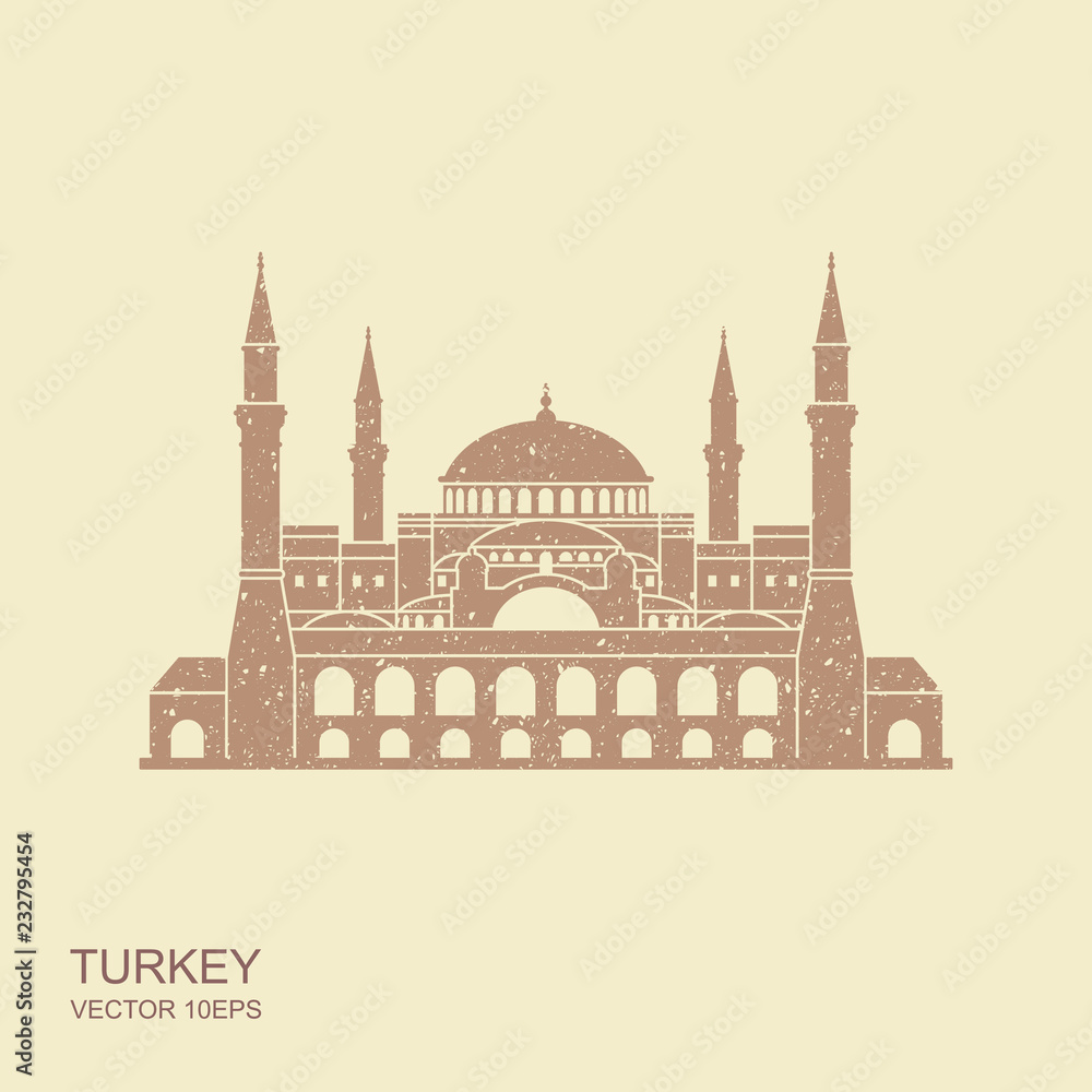 Hagia Sophia in Istanbul, Turkey. Vector, illustration with scuffed effect