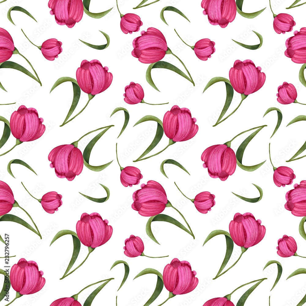 seamless pattern of pink flowers tulips on a white background seamless pattern of pink flowers tulips on a white background