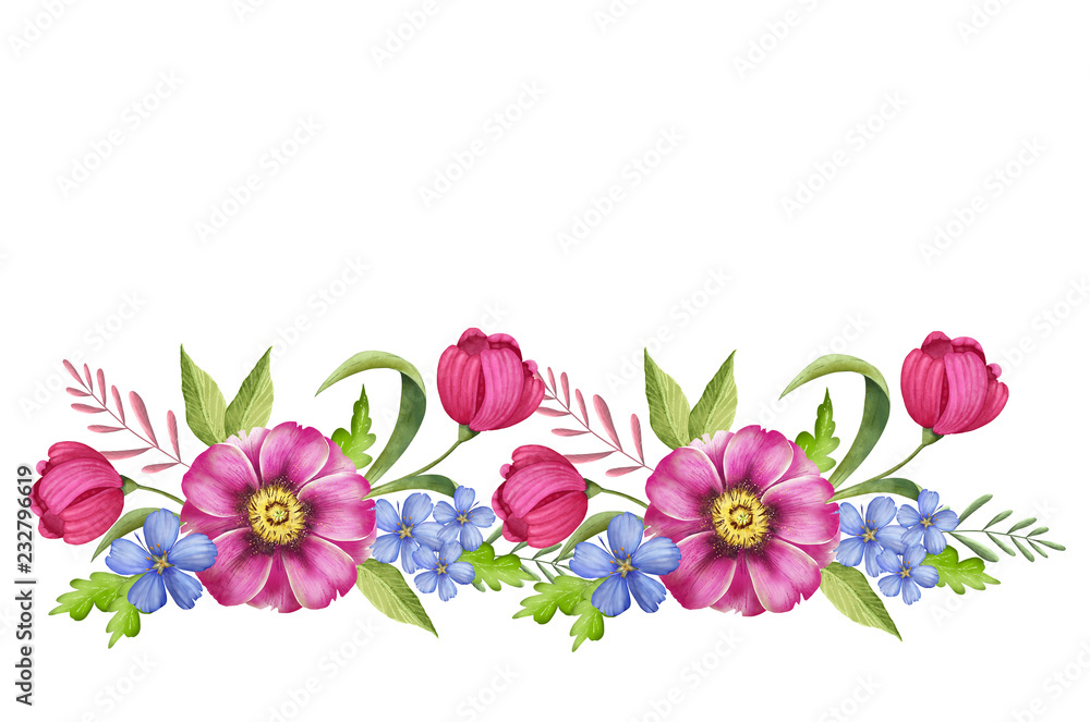 bouquet of flowers. digital drawing blue and pink flowers