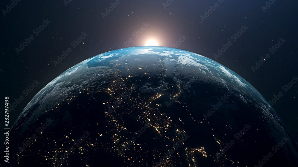 Fototapeta Planeta Ziemia i słońce. Słońce wschodzi nad światową atmosferą zacieniającą, zacieniając noc z dnia na dzień renderowania 3D.